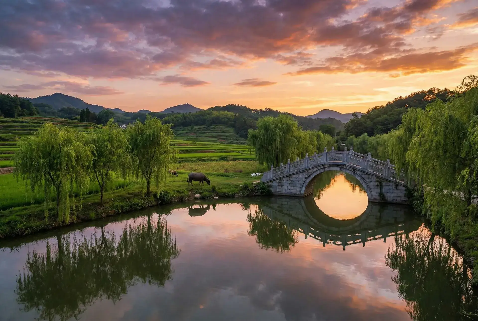 夕阳下的石拱桥与垂柳，水牛在河边吃草 - 流星蝴蝶剑招式 乡村美景